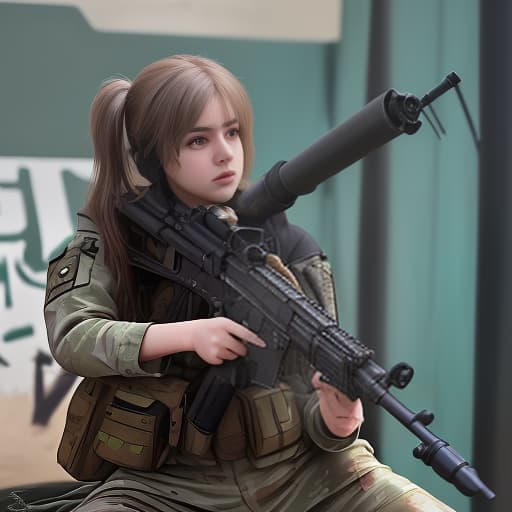  a in her shooting a painted kalashnikov machine gun that says, "4teek.".