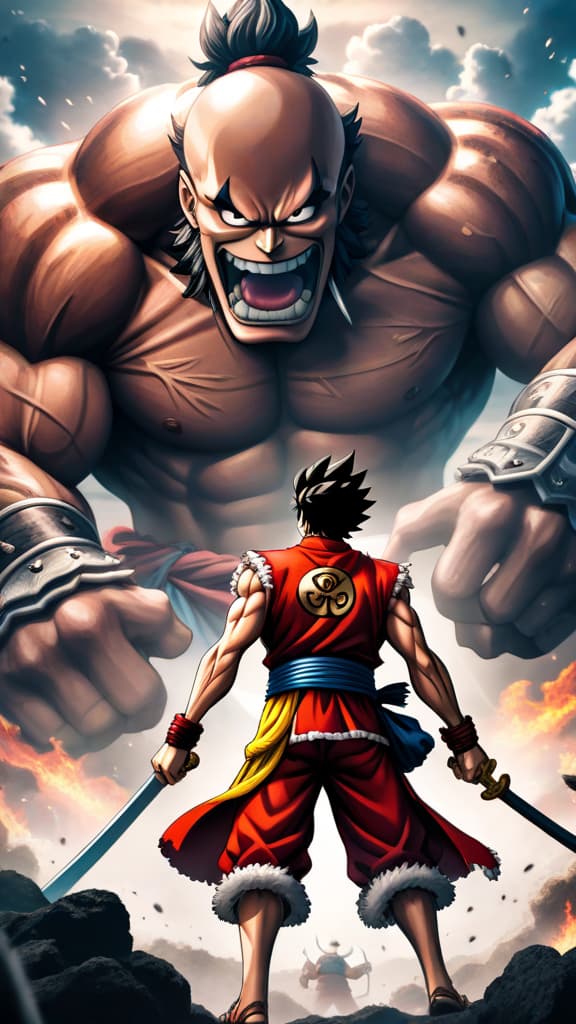  anime art of luffy using advanced conqueror’s haki and gear fourth, facing off against kaido in an intense battle. hyperrealistic, full body, detailed clothing, highly detailed, cinematic lighting, stunningly beautiful, intricate, sharp focus, f/1. 8, 85mm, (centered image composition), (professionally color graded), ((bright soft diffused light)), volumetric fog, trending on instagram, trending on tumblr, HDR 4K, 8K