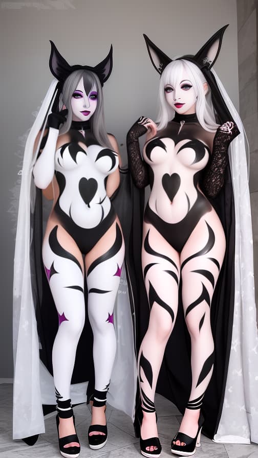  White bat pattern body paint in every corner of the body, Black body paint all over the body, Grey face paint on the face, Two dark elf sisters, full body image 女性