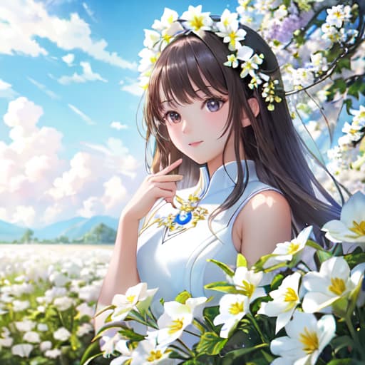  master piece , best quality,pretty girl, lots of white flowers.