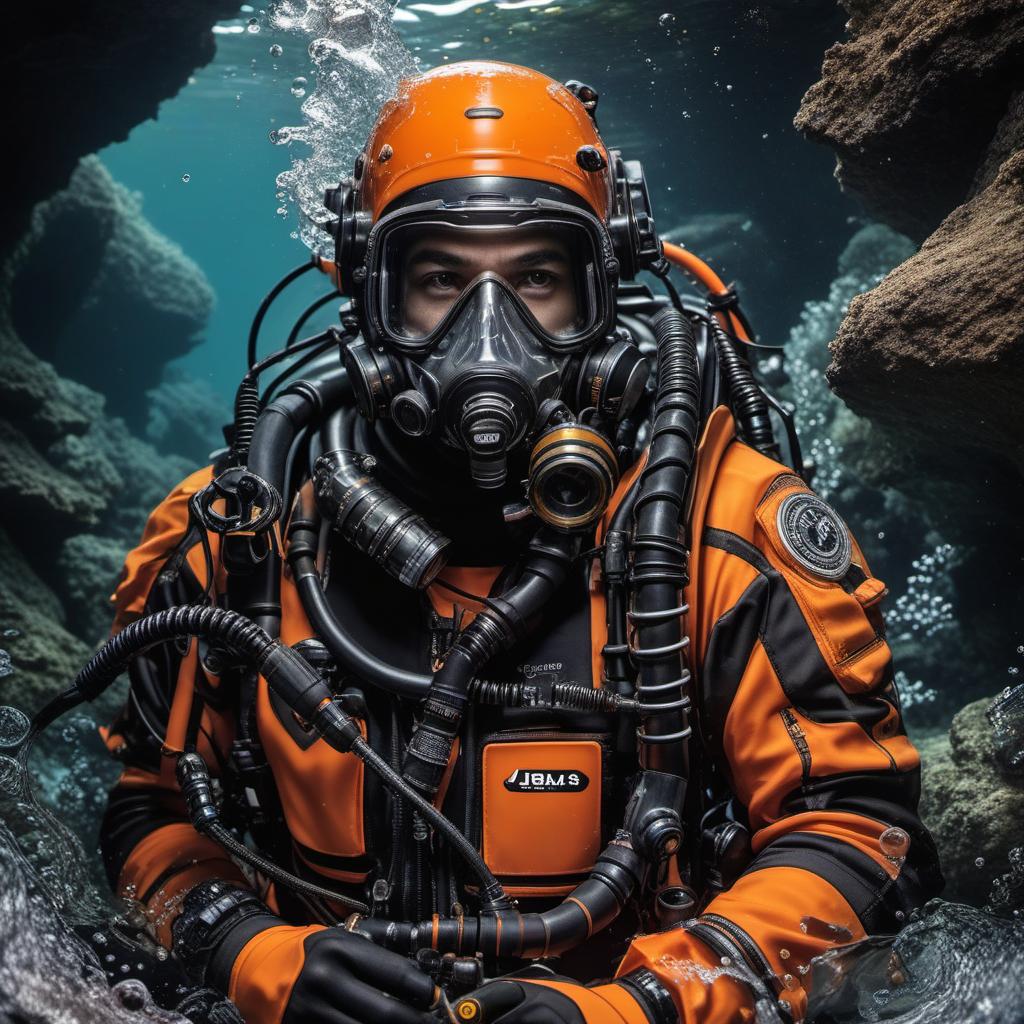  jb name, male, rebreather diver, thick loops, helmet in orange, cave diver, underwater, face view diver, fresh water, shoulder view, jb, cyberpunk style