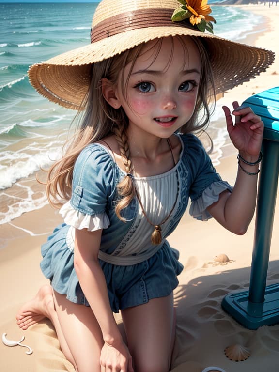  master piece, best quality, ultra detailed, highres, 4k.8k, A old caucasian ., Playing in the waves and building sandcastles., Joyful and carefree., BREAK A young enjoying a day at the beach., A sunny and vint ist beach., Seashells, beach umbrellas, and beach toys., BREAK Relaxed and ., Sunlight glistening on the water and sand, creating a bright and carefree atmosphere.,