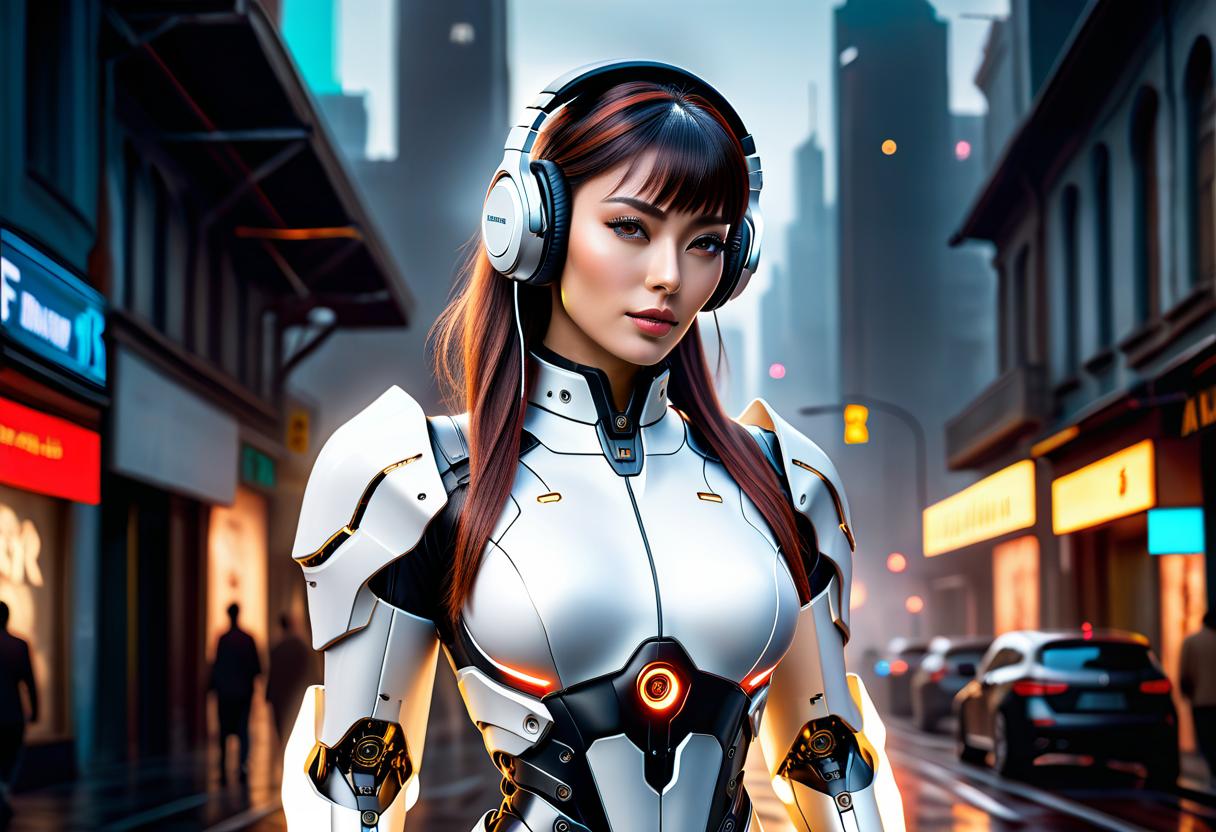  create a futuristic abstract robot from the future, female, in full size headphones, in ordinary city clothes, white sweater, civitai, oil painting hyperrealistic, full body, detailed clothing, highly detailed, cinematic lighting, stunningly beautiful, intricate, sharp focus, f/1. 8, 85mm, (centered image composition), (professionally color graded), ((bright soft diffused light)), volumetric fog, trending on instagram, trending on tumblr, HDR 4K, 8K