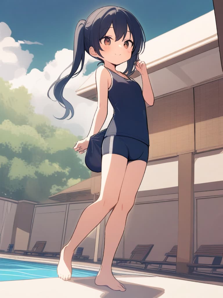  women's elementary students (male), twin tails, cute smiles, (rich s), low stature, dark blue swimwear, old swimwear, , simple, (upward), , (bulge), front, whole body, pool side. ,,,