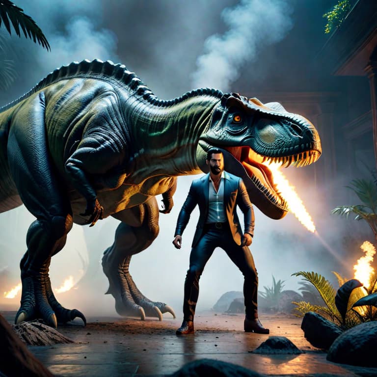  generate man killing dinosaur hyperrealistic, full body, detailed clothing, highly detailed, cinematic lighting, stunningly beautiful, intricate, sharp focus, f/1. 8, 85mm, (centered image composition), (professionally color graded), ((bright soft diffused light)), volumetric fog, trending on instagram, trending on tumblr, HDR 4K, 8K