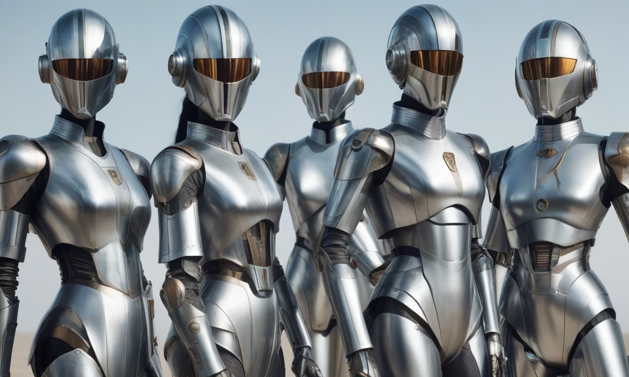  a legion of identical faceless androgynous droids. all dressed in identical jumpsuits with high tech but stylized medieval mirrorscale armor and sleek high tech full face helmets with mirrored visors,