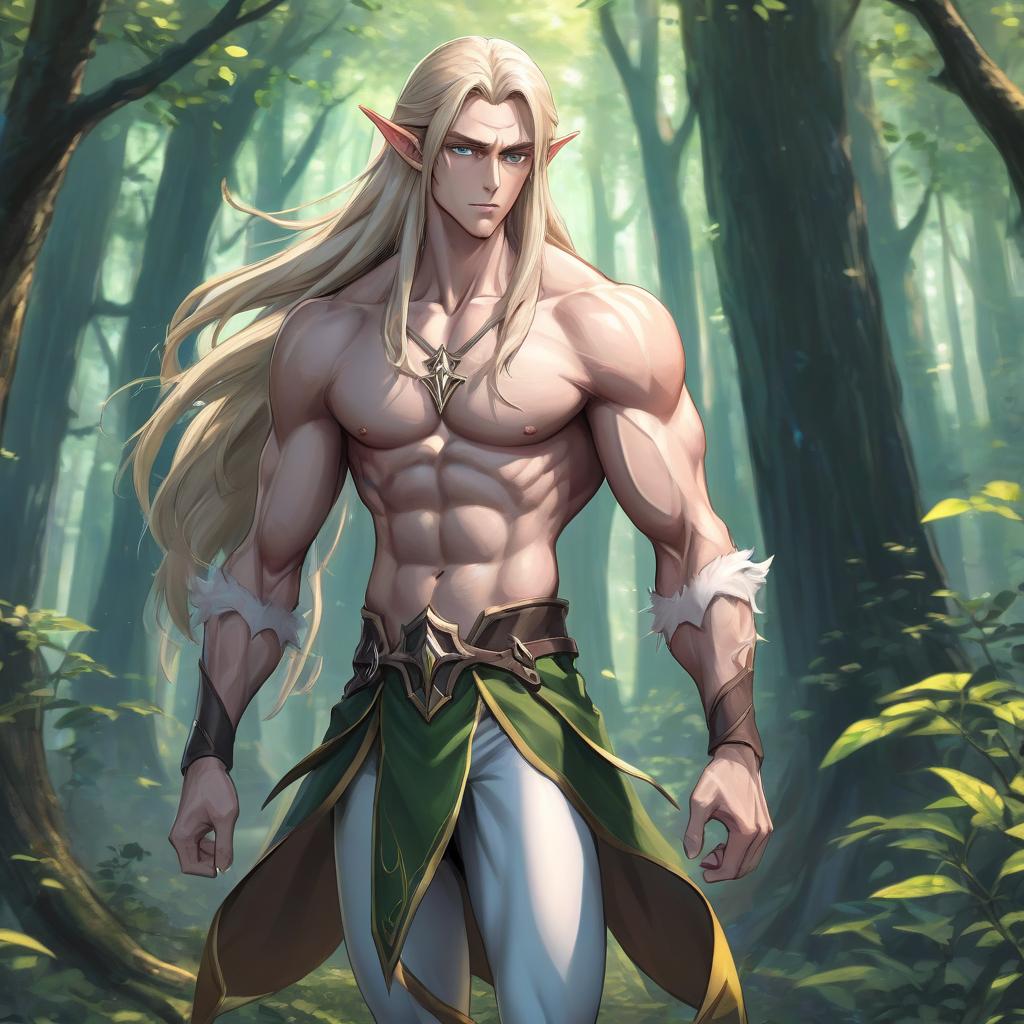  anime artwork anime style; tall elf; male; full height; long hair; visible muscles; in the forest . anime style, key visual, vibrant, studio anime, highly detailed