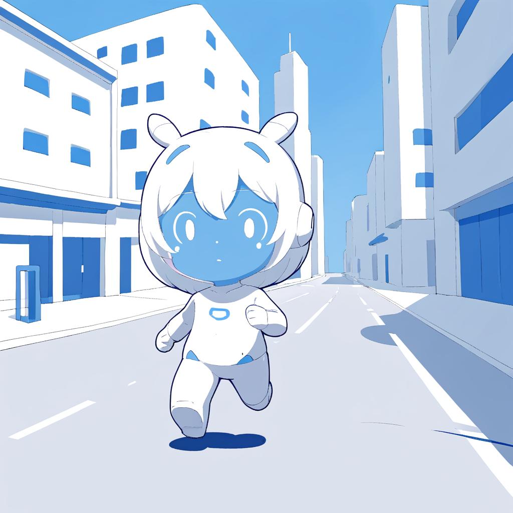  anxiaozhi,a white cute robot with blue face is running on the city street,a clean and crisp anime illustration with bold outlines, smooth shading,cell shaded, crisp ,flat colors, and a minimalistic background.