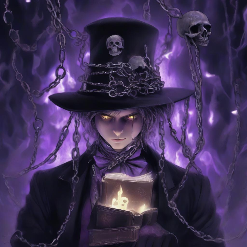  a young magician with a hat on his head. in the hand ghostly chains, and on the belt 2 books glued to the belt