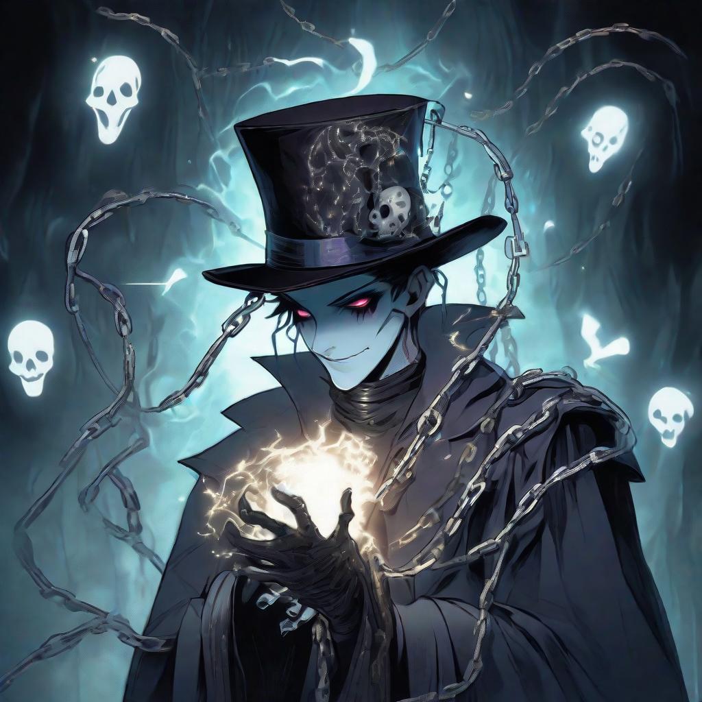  a young magician with a hat on his head. ghost chains in the hand