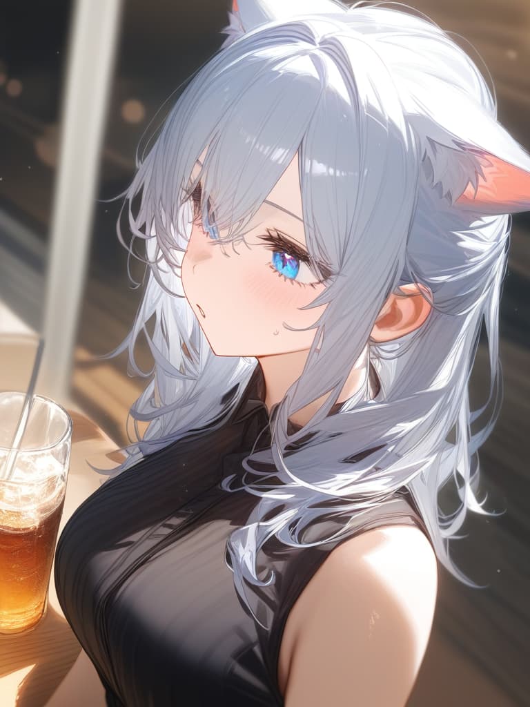  transparency, soda, silver hair, cat ears, blue eyes, cider, masterpiece, best quality,8k,ultra detailed,high resolution,an extremely delicate and beautiful,hyper detail