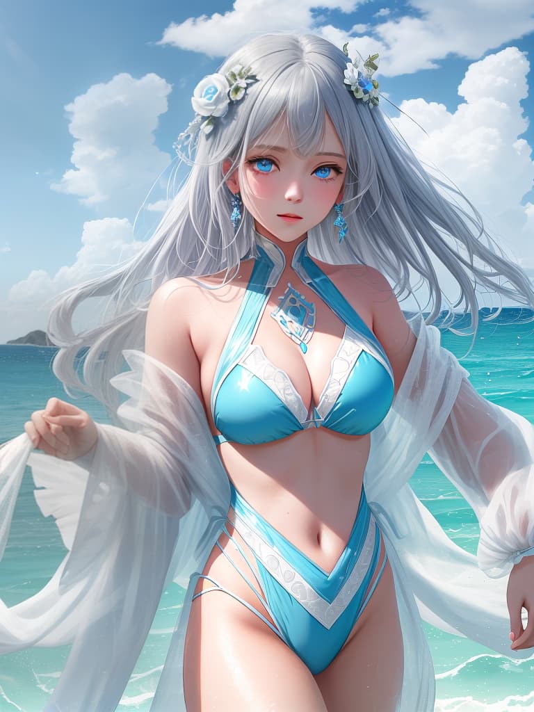  you can see gray hair, swimwear, light blue eyes, girls, cute, long hair,, masterpiece, best quality,8k,ultra detailed,high resolution,an extremely delicate and beautiful,hyper detail