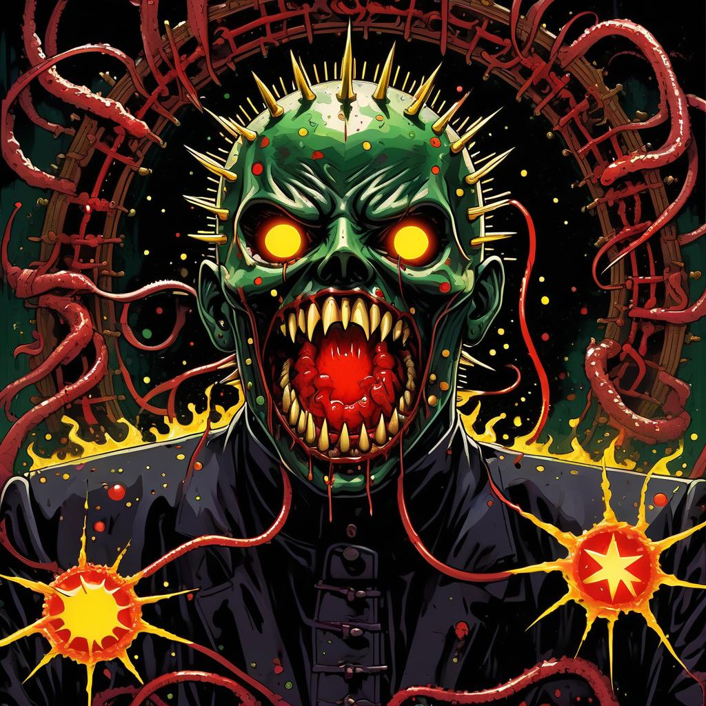  retro game art the demon ghoul (hellraiser) entangled with tentacles and protruding pins bared the mouths and pours red mucus on the clawed paws. yellow smoke green rings spikes white fire stars and sparks anime horror black drops thorns . 16 bit, vibrant colors, pixelated, nostalgic, charming, fun