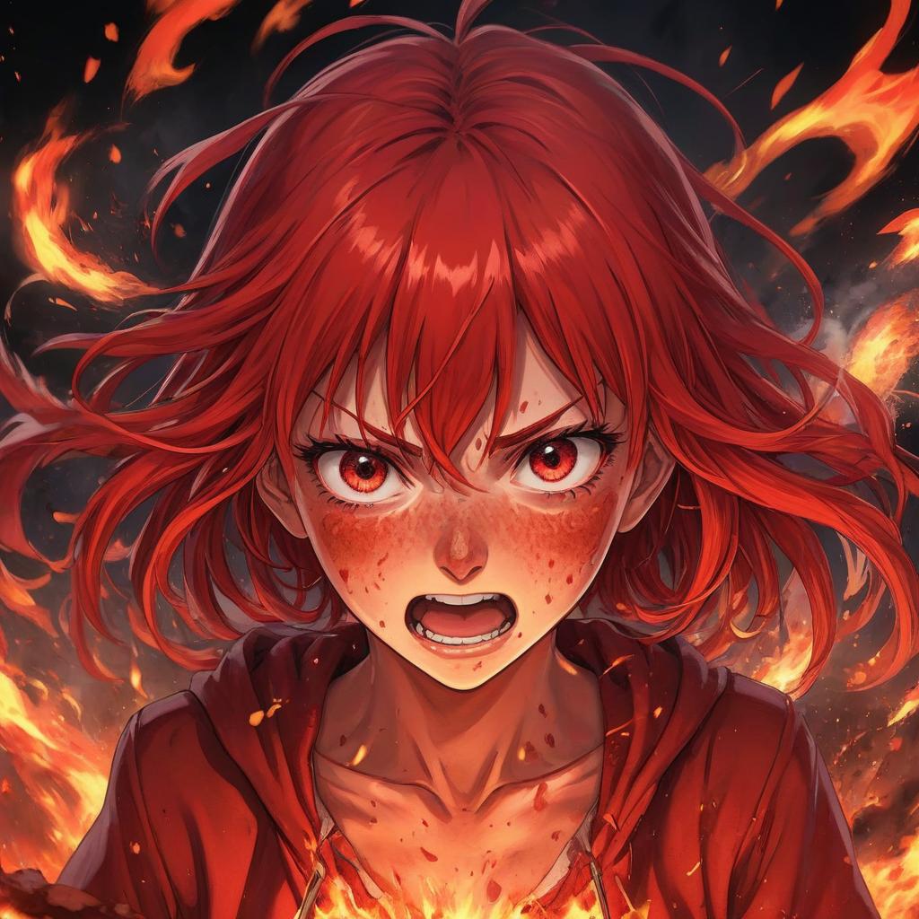  anime artwork red girl with freckles in anger, the magic of fire . anime style, key visual, vibrant, studio anime, highly detailed