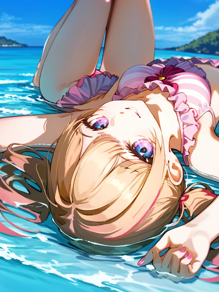  ultra detailed:1.2,masterpiece:1.2,best quality,masterpiece,bestquality,hdr:1.1,8k:1.1,very cute girl:1.3,(pink color,frill ,swimwear:1.6),(lying,at striped float bed on sea:1.8) ,smile:1.4 ,(blonde hair,twin tail,drill hair:1.3) ,(on the sea:1.7),upper body:1.3,dutch angel:1.5,open mouth,(upside down:1.7)(from above:1.1)((eyes highlight:1.1))