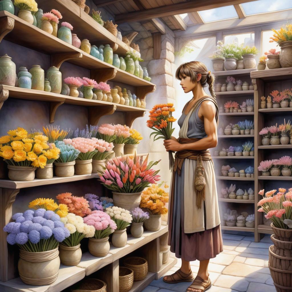  watercolour, fantasy illustration, soft colors, stone age flower shop, seller in skin clothes sells flower sculptures, against the background of shelves with different flower sculptures, traditional media, final fantasy, the warrior of light from final fantasy,