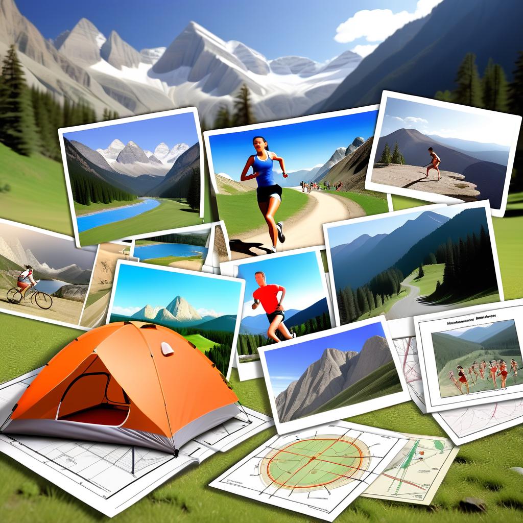  create a picture so that all 4 topics (sports, tourism, science, leisure) are in the picture, sports running, hiking in the mountains, science diagrams or tables, leisure camping, etc