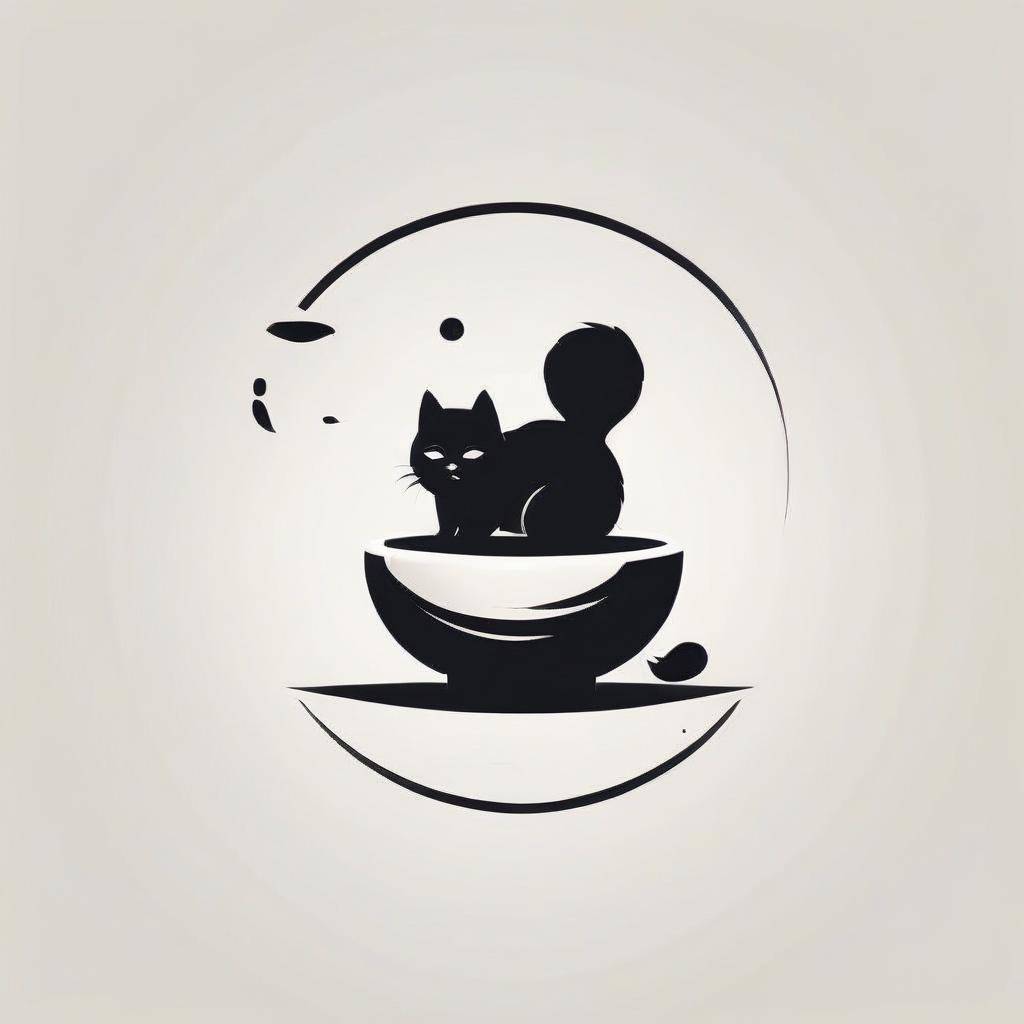  silhouette style draw a logo for a chinese teahouse using a picture of a bowl for tea, cat and sea . high contrast, minimalistic, black and white, stark, dramatic, logo