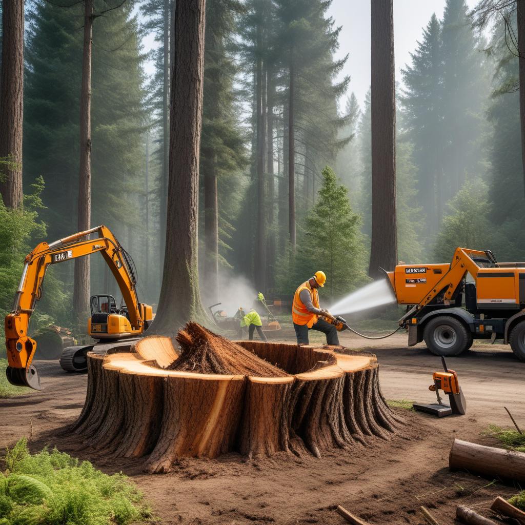  A scene of tree stump removal by professionals. The image should show a tree stump being cut down or removed by workers. Include workers wearing safety gear such as helmets and vests, using tools like axes, chainsaws, or specialized machinery. The setting can be a typical backyard or a wooded area. hyperrealistic, full body, detailed clothing, highly detailed, cinematic lighting, stunningly beautiful, intricate, sharp focus, f/1. 8, 85mm, (centered image composition), (professionally color graded), ((bright soft diffused light)), volumetric fog, trending on instagram, trending on tumblr, HDR 4K, 8K