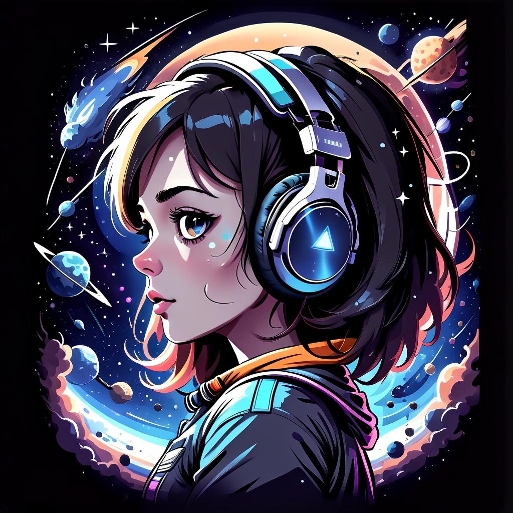  space themed a girl in space. headphones. dark colors. 2d. dark. comets, meteorites, chaos. calm down, leaves . cosmic, celestial, stars, galaxies, nebulas, planets, science fiction, highly detailed, t shirt design