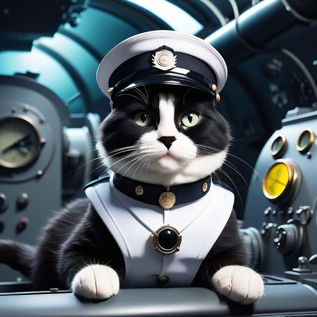  furry black cat officer, in a white cap, in a submarine