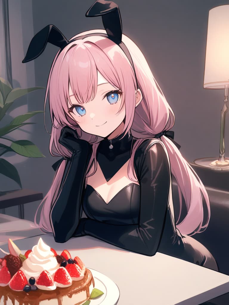  best of the best,one ,delicate pink hair color,twin tail hairstyle,wearing black bunny ears catsuit,delicate blue eye color,smiling,wearing black bunny suit,,cute stuffed sloth on ,holding sloth,sitting on plush sofa,table in foreground,gorgeous parfait on table,high quality,16k