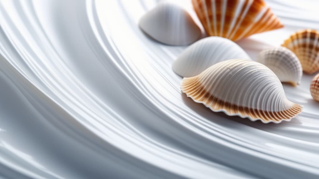  Abstract flowing waves with seashells on white background ar 16:9 high quality, detailed intricate insanely detailed, flattering light, RAW photo, photography, photorealistic, ultra detailed, depth of field, 8k resolution , detailed background, f1.4, sharpened focus
