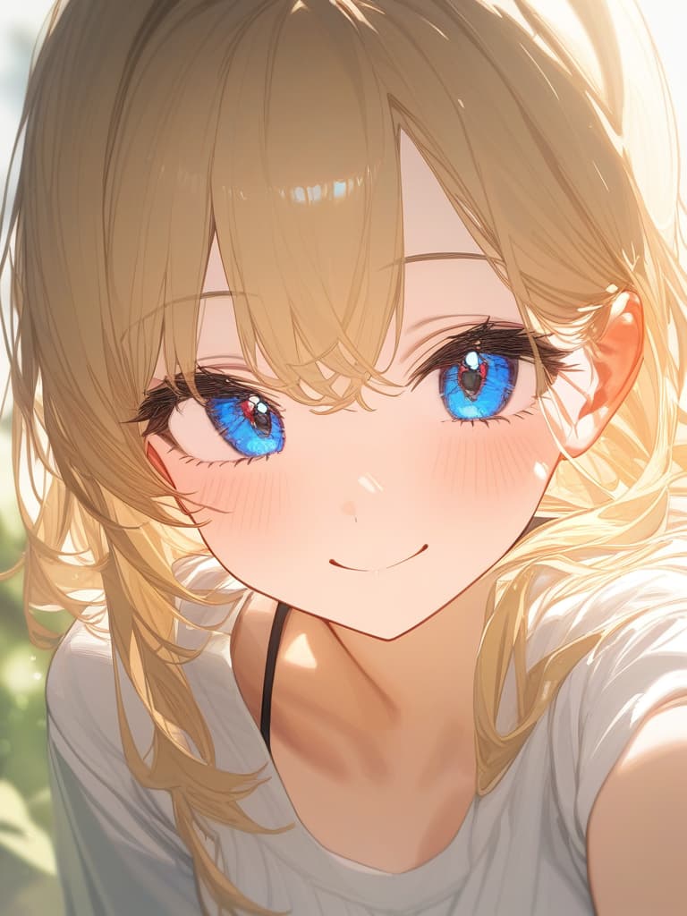  blond, blue eyes, smiling, white clothes, masterpiece, best quality,8k,ultra detailed,high resolution,an extremely delicate and beautiful,hyper detail