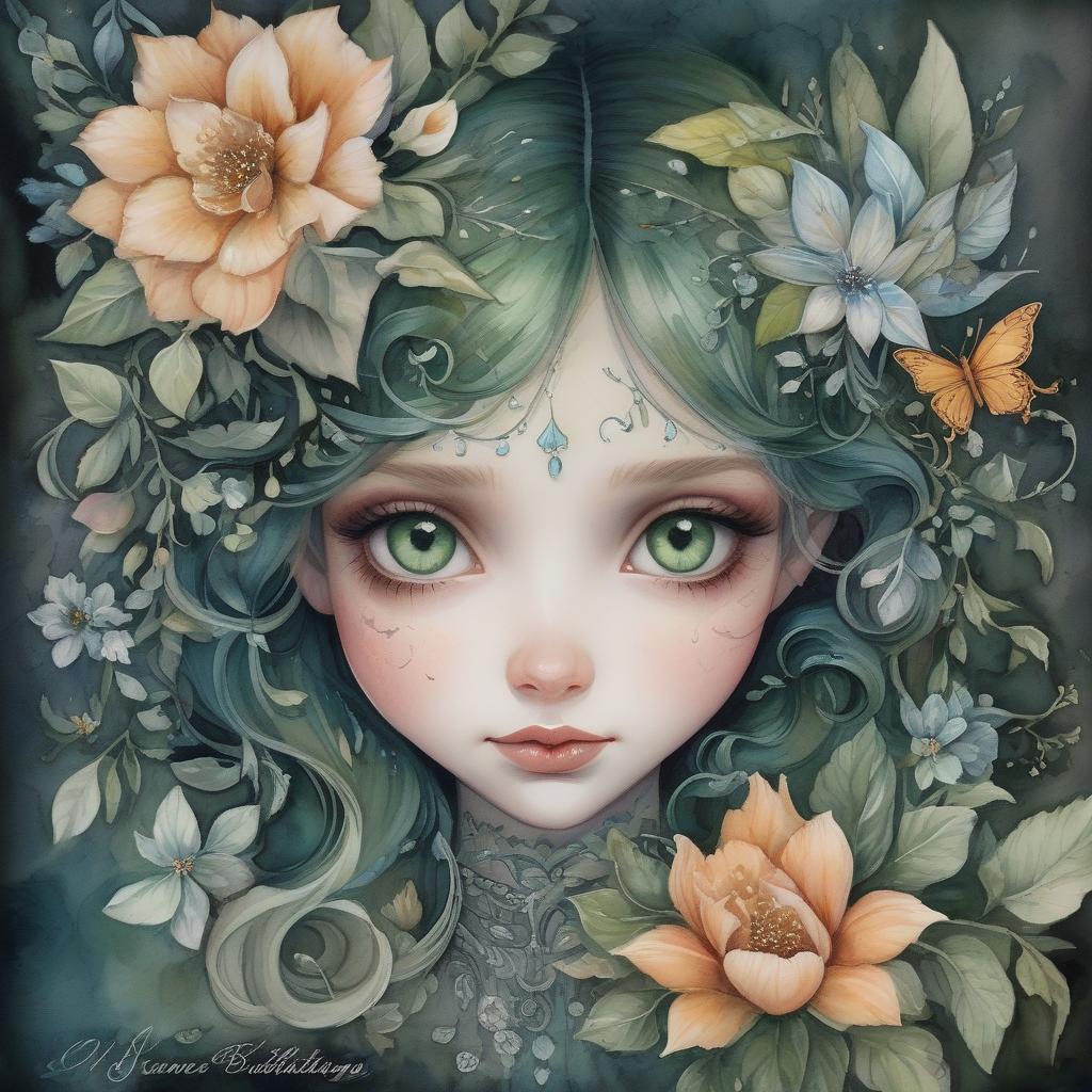  a hidden smile, a secret, who knows? idee von sady sadness . watercolors completely dark. green colors and flowers. no background. captured with exquisite detail on a canvas painting, the mesmerizing image evokes a sense of wonder and enchantment, showcasing the exquisite beauty of this unique creature. 3d, magical, fabulous, masterpiece painting, highly detailed, captivating, enchanting, diffuse light, perfect composition, watercolor, trending on artstation, sharp focus, studio photo, intricate details, highly detailed, by jasmine becket griffith watercolor, trending on artstation, sharp focus, studio photo, intricate details, very detailed