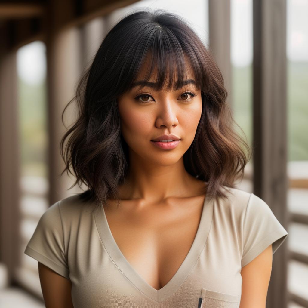  (((realistic full torso frontal head shot of a light tan skin tone woman))), kaede mio takahashi, ((japanese heritage)), immature face, hazel eye color, ((bangs hair style)), ((black hair color)), (( body type)), small size, small size, (immature round nose), (immature high cheekbones), (immature smooth jawline), (immature full lips), (immature medium forehead), (immature arched eyebrows), (immature defined chin), standing straight looking directly into the camera,((wearing fitted polo shirt with deep v neck and monogrammed pocket)), backyard in background, 1girl, best quality, highest quality, award winning photo, masterpiece, raw, professional photography, photorealism, sharp focus, cinematic, high resolution, sharp hyperrealistic, full body, detailed clothing, highly detailed, cinematic lighting, stunningly beautiful, intricate, sharp focus, f/1. 8, 85mm, (centered image composition), (professionally color graded), ((bright soft diffused light)), volumetric fog, trending on instagram, trending on tumblr, HDR 4K, 8K