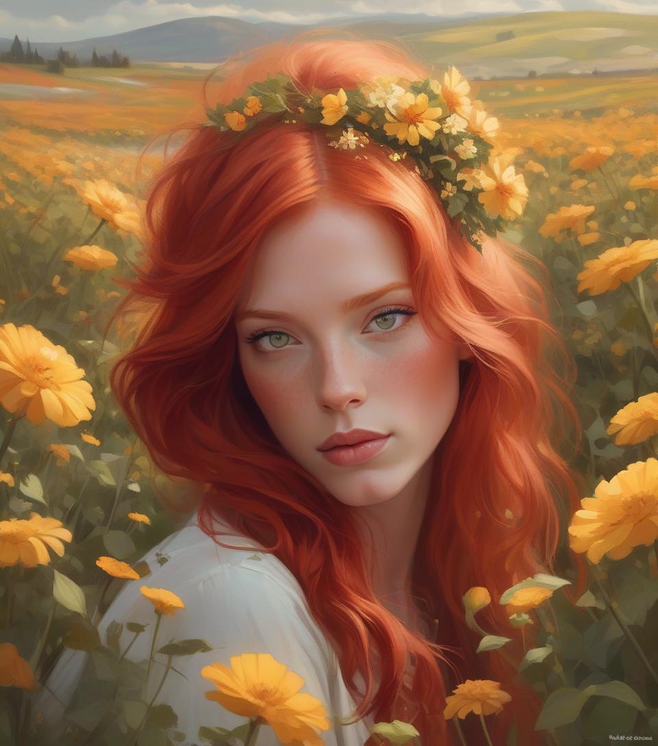  painting &quot;woman with red hair in a flower field&quot;, gorgeous digital painting, beautiful digital painting, galen dara, redhead woman, stunning digital painting, inspired by vincent lefevre, rhads and lois van baarle, digital oil painting, author: mads mountain, digital oil painting, portrait of a red haired girl, by igor grabar