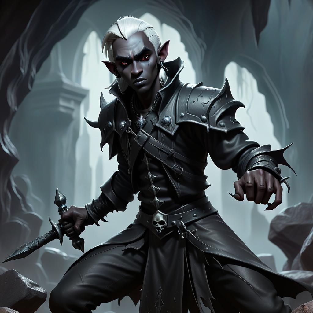  macabre style drow male elf cleric, simble plain black leather jacket, simple iron battle mace, dark cave temple . dark, gothic, grim, haunting, highly detailed, civitai, hkmagic