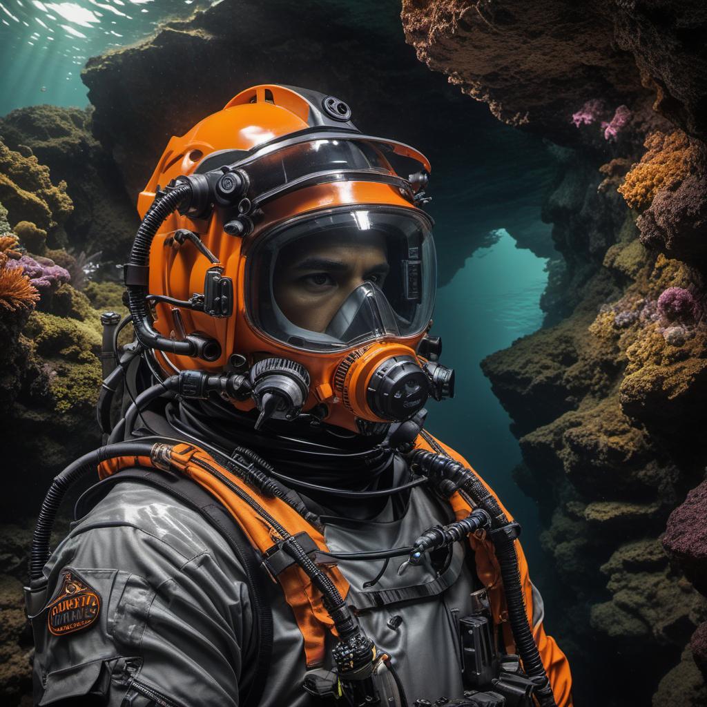  jb name, male, rebreather diver, thick loops, helmet in orange, cave diver, underwater, face view diver, fresh water, shoulder view, jb, cyberpunk style