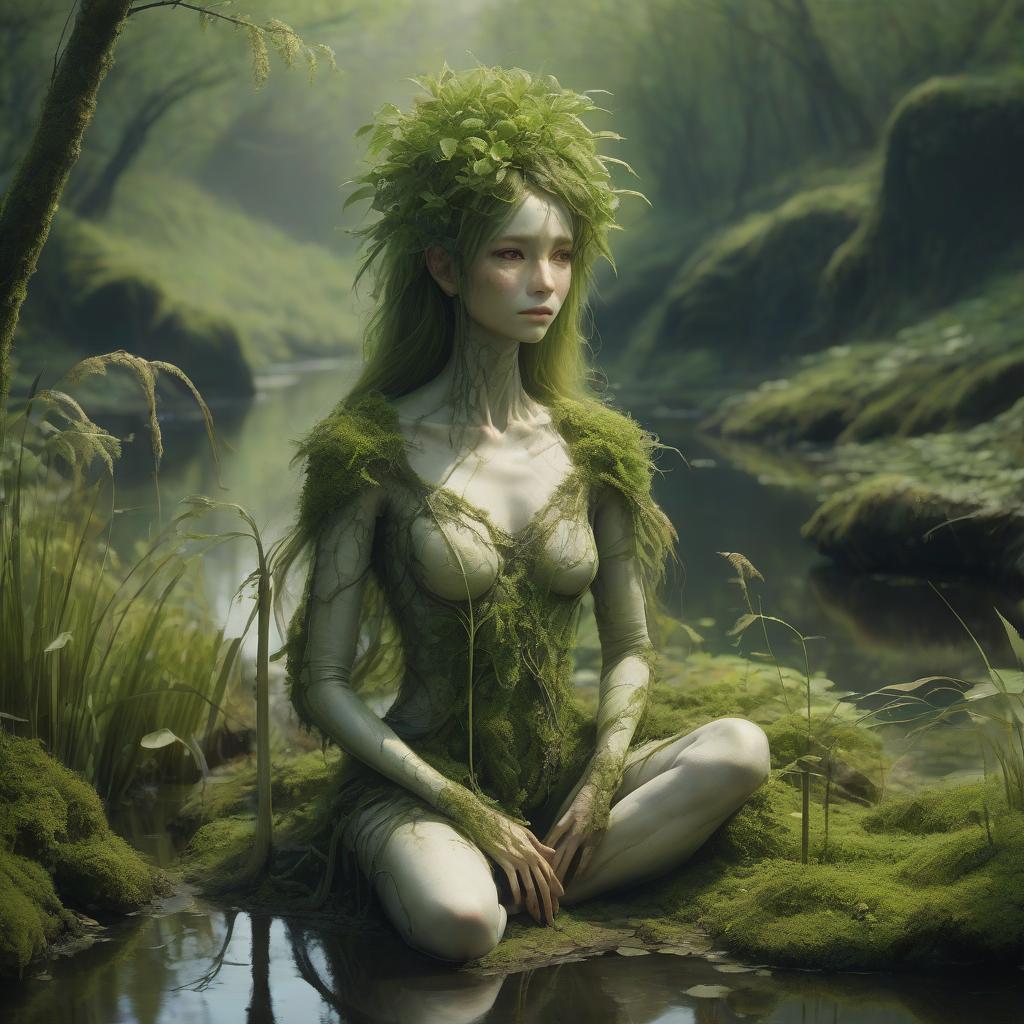  humanoid plant, female, born on the banks of rivers and calm ponds, clothing from moss and reeds