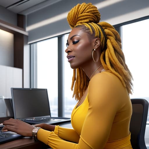  (African American woman, graphic designer, hair in locs in an updo style, woman sitting at a computer desk in a luxury office, woman is wearing a beautiful while and yellow dress), photorealistic, highly detailed, 4k, high quality hyperrealistic, full body, detailed clothing, highly detailed, cinematic lighting, stunningly beautiful, intricate, sharp focus, f/1. 8, 85mm, (centered image composition), (professionally color graded), ((bright soft diffused light)), volumetric fog, trending on instagram, trending on tumblr, HDR 4K, 8K