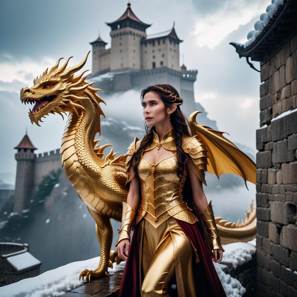  cinematic photo a golden dragon carries a beautiful elf woman on her back, descends from the gloomy sky in snow clouds to the wall of a medieval fortress. . 35mm photograph, film, bokeh, professional, 4k, highly detailed, civitai, hkmagic