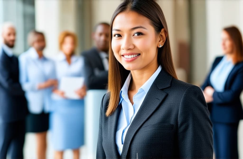  young successful business girl in suit standing in front of blurred colleagues ar 3:2, (natural skin texture), highly detailed face, depth of field, hyperrealism, soft light, muted colors