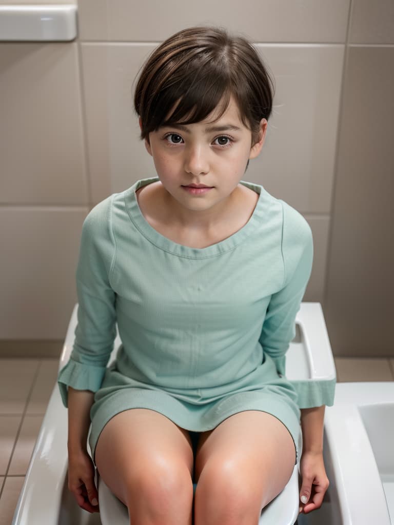  1st grade in elementary school, short hair, girl sitting in the toilet seat, bare, masterpiece, best quality,8k,ultra detailed,high resolution,an extremely delicate and beautiful,hyper detail