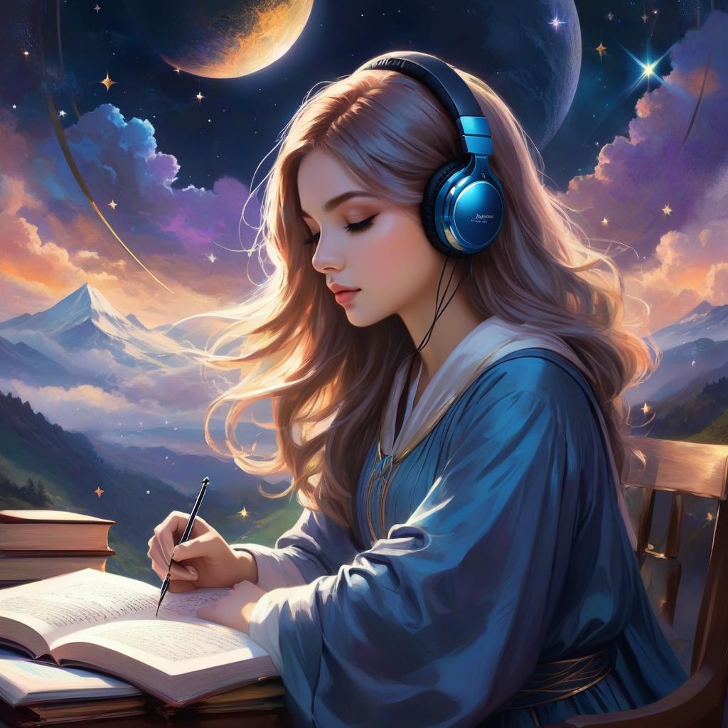  ethereal fantasy concept art of a girl studying with earphones. magnificent, celestial, ethereal, painterly, epic, majestic, magical, fantasy art, cover art, dreamy