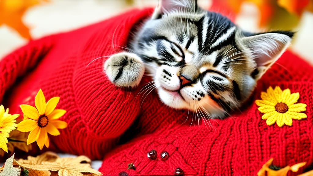  gray kitten sleeping on red knitted sweater, romance, seasons, beautiful girls, enchanted dreams, flower power, autumn, he has a treasure with him, hand carving, smiling sweetly, made of wool, beautiful composition ar 16:9 {prompt}, maximum details