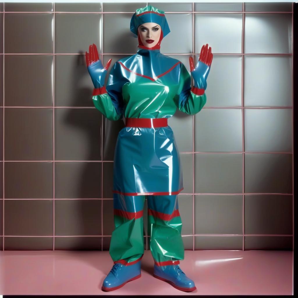  "hyperdetalisation, woman, mistress surgeon, in dressed three color surgical suit, made of glossy latex, standing alone, full length, front view, full face, dressed in, surgical gown, knee length, with elastic waistband, long sleeves, with elastic cuffs, upper part of surgical gown, (from collar to waist), glossy latex dark green, belt at waist, glossy latex red, lower part of surgical gown, (from hem to waist), glossy latex dark blue, in the center of the surgical gown there is an emblem in the form of surgical forceps "burdizzo", upper part of sleeve, (from shoulder to elbow), glossy latex dark blue, lower part of sleeve, (from elbow to cuff), glossy latex dark green, cuffs on sleeve, glossy latex red, (bib with collar), made of glossy d