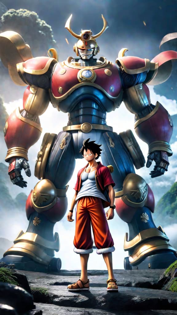  an anime art of luffy in gear five awakening joyboy's haki in an ancient robot. hyperrealistic, full body, detailed clothing, highly detailed, cinematic lighting, stunningly beautiful, intricate, sharp focus, f/1. 8, 85mm, (centered image composition), (professionally color graded), ((bright soft diffused light)), volumetric fog, trending on instagram, trending on tumblr, HDR 4K, 8K