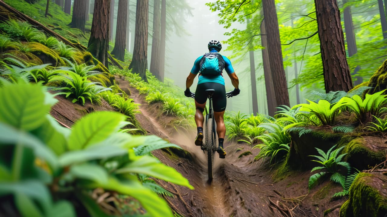  a vibrant mountain biking scene with a cyclist navigating a rugged trail through lush green forests, steep rocky slopes, and distant peaks, showcasing dynamic movement, sweat, and exhilaration, emphasizing the connection between nature and fitness. hyperrealistic, full body, detailed clothing, highly detailed, cinematic lighting, stunningly beautiful, intricate, sharp focus, f/1. 8, 85mm, (centered image composition), (professionally color graded), ((bright soft diffused light)), volumetric fog, trending on instagram, trending on tumblr, HDR 4K, 8K