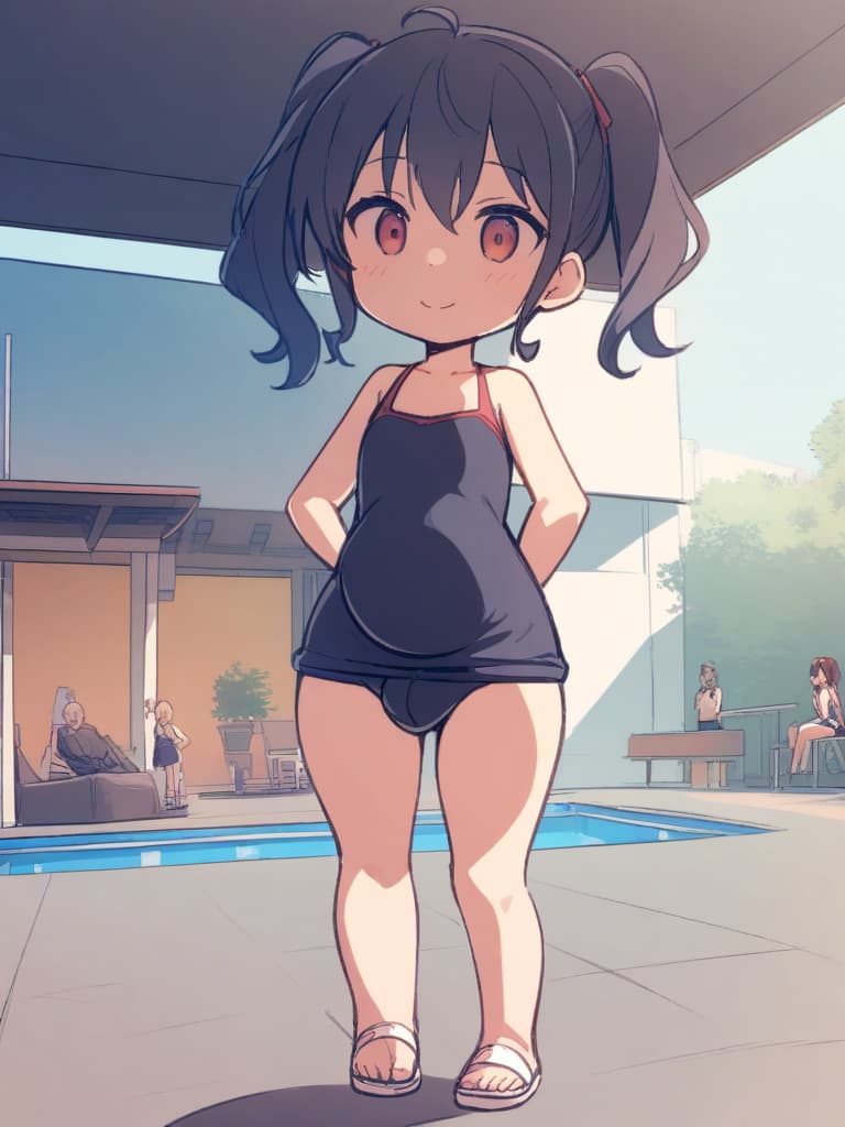  women's elementary students (male), twin tails, cute smiles, (rich s), short stature, dark blue swimwear, old swimwear, swimwear, simple, (bulging), upward, (bulge), front, whole body, pool side, pool side. ,,,