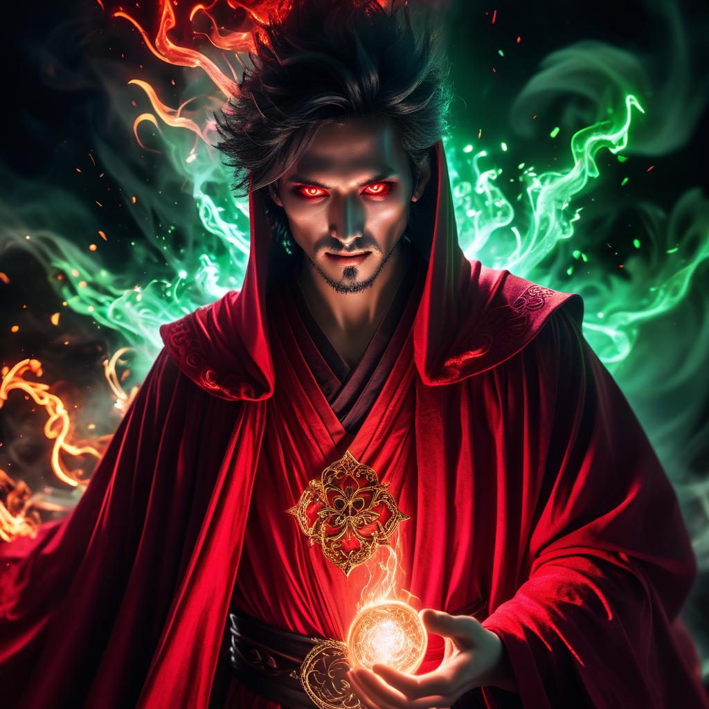  role playing game (rpg) style fantasy astral magician who came from the dark depths of space, his eyes glow, astral power oozes through him, he is dressed in a red robe and joined the terrorists, he is chaotically evil . detailed, vibrant, immersive, reminiscent of high fantasy rpg games, hkmagic, glowneon