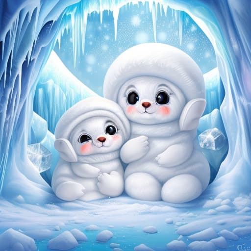  Highly detailed painting of cute furry white baby seals cuddled up inside snowy fantasy ice crystal cavern