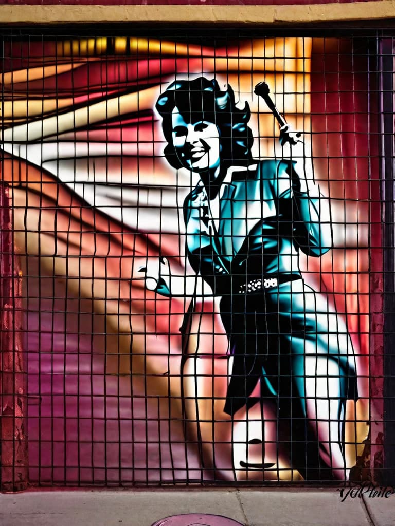  Country singer Patsy Cline, medium shot, upper body, spotlight, long exposure lighting, street art style spray paint, glamour lighting