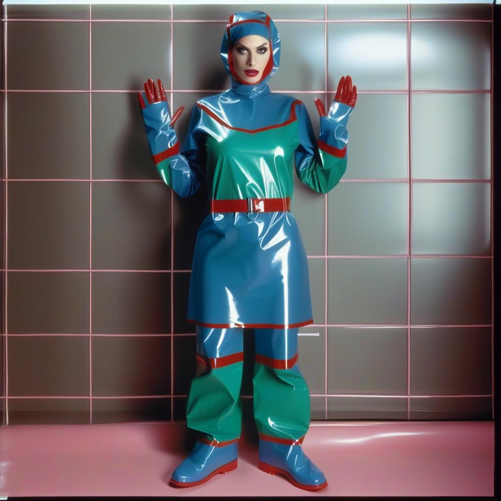  "hyperdetalisation, woman, mistress surgeon, in dressed three color surgical suit, made of glossy latex, standing alone, full length, front view, full face, dressed in, surgical gown, knee length, with elastic waistband, long sleeves, with elastic cuffs, upper part of surgical gown, (from collar to waist), glossy latex dark green, belt at waist, glossy latex red, lower part of surgical gown, (from hem to waist), glossy latex dark blue, in the center of the surgical gown there is an emblem in the form of surgical forceps "burdizzo", upper part of sleeve, (from shoulder to elbow), glossy latex dark blue, lower part of sleeve, (from elbow to cuff), glossy latex dark green, cuffs on sleeve, glossy latex red, (bib with collar), made of glossy d