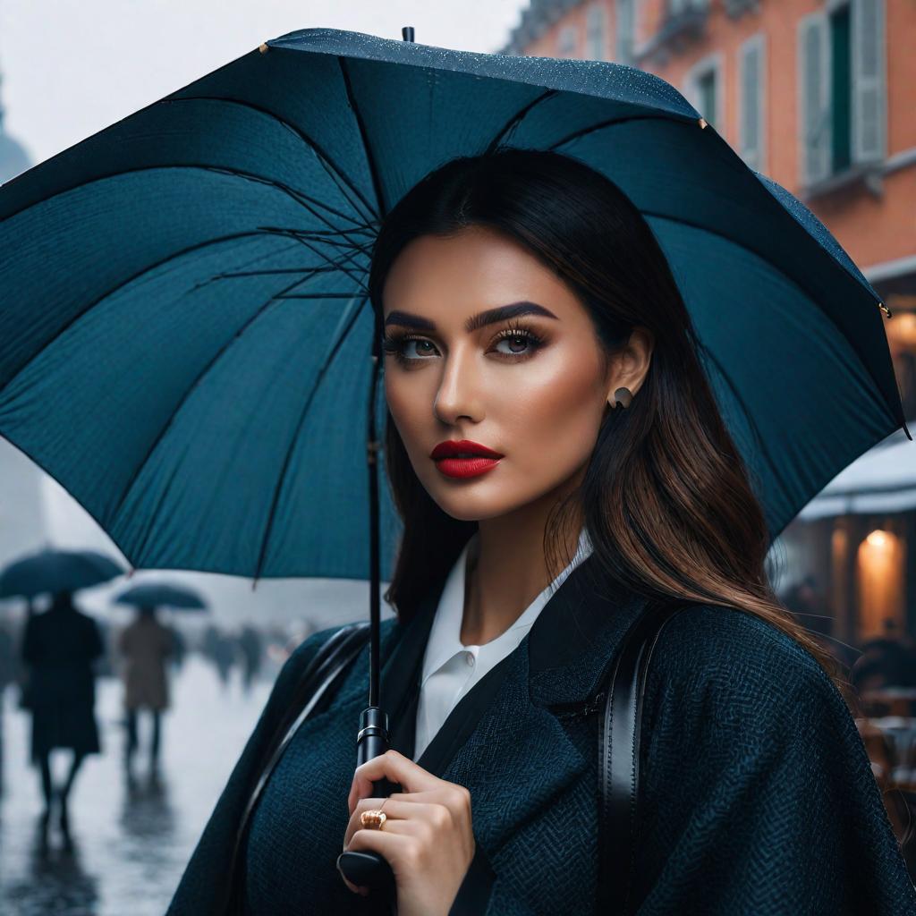  a gril stading with umbrella,watermark, symmetrical balance, in frame, 8k hyperrealistic, full body, detailed clothing, highly detailed, cinematic lighting, stunningly beautiful, intricate, sharp focus, f/1. 8, 85mm, (centered image composition), (professionally color graded), ((bright soft diffused light)), volumetric fog, trending on instagram, trending on tumblr, HDR 4K, 8K