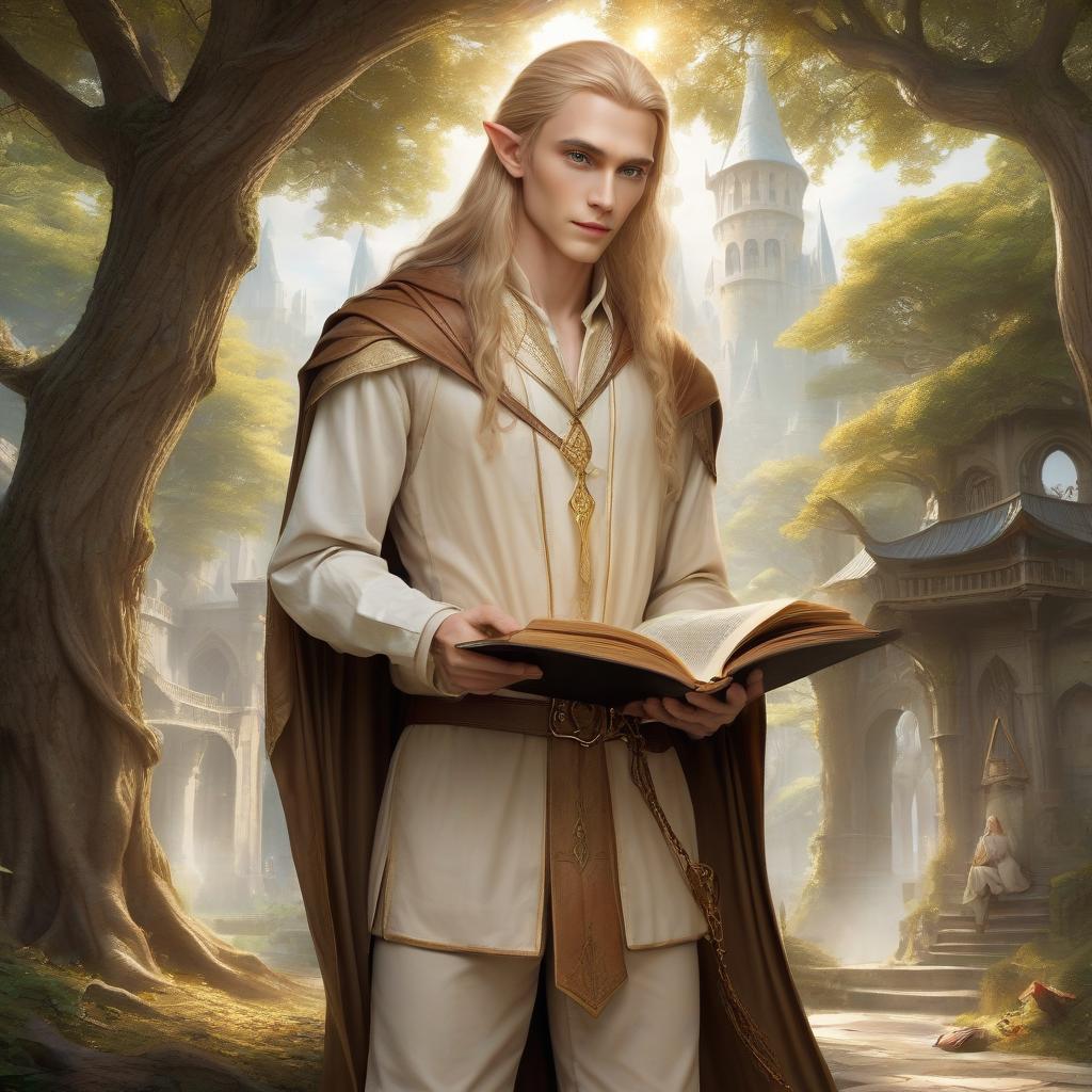  very beautiful low and slender elf with light skin, long straw hair and blue eyes, dressed in a white shirt and beige pants, a brown cloak hangs on his shoulders, holds an open book with leather binding and a drawing of a tree made of golden lines, a wizard's tower, hkmagic